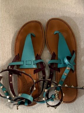 Valentino Garavani Turquoise and Brown Leather Studded Wrap Sandals
